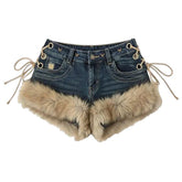 2000s fur trim denim shorts boogzel clothing
