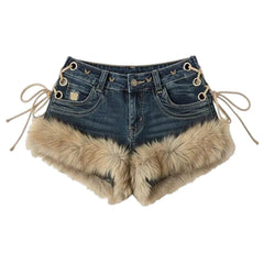 2000s fur trim denim shorts boogzel clothing