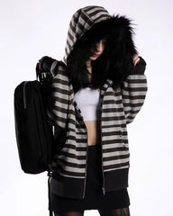 2000s striped faux fur zip up hoodie boogzel clothing