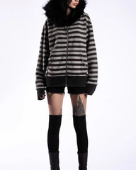 2000s striped faux fur zip up hoodie boogzel clothing