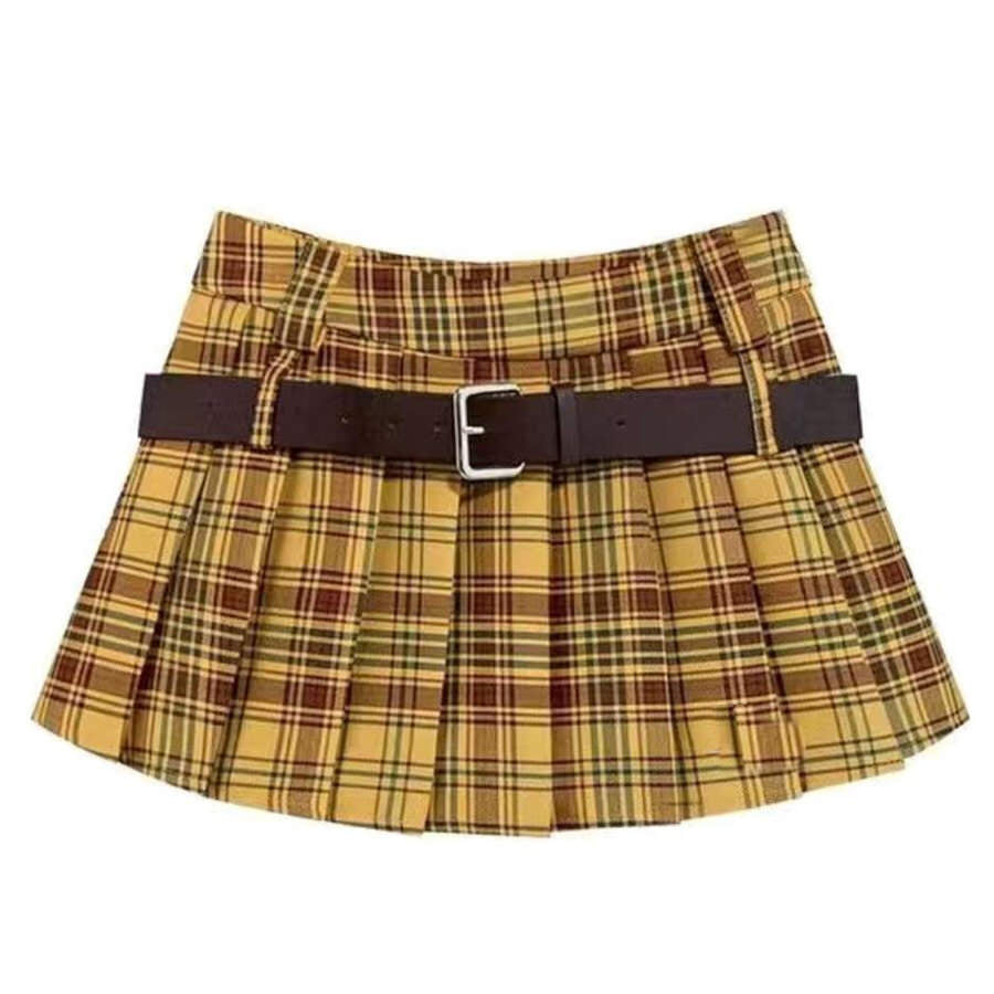 A stylish yellow preppy plaid pleated mini skirt featuring a high-waist design and loops for two belts. The skirt has a classic checkered pattern with a pleated structure, perfect for school outfits