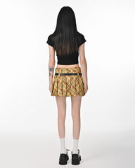 A stylish yellow preppy plaid pleated mini skirt featuring a high-waist design and loops for two belts. The skirt has a classic checkered pattern with a pleated structure, perfect for school outfits