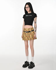 A stylish yellow preppy plaid pleated mini skirt featuring a high-waist design and loops for two belts. The skirt has a classic checkered pattern with a pleated structure, perfect for school outfits