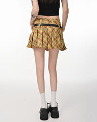 A stylish yellow preppy plaid pleated mini skirt featuring a high-waist design and loops for two belts. The skirt has a classic checkered pattern with a pleated structure, perfect for school outfits