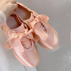 Balletcore Aesthetic Satin Bow Sneakers in Pink, pink satin ballet sneakers - Boogzlel Clothing