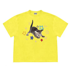 Bright t-shirt with a cute kitten graphic surrounded by colorful stars - Boogzel Clothing