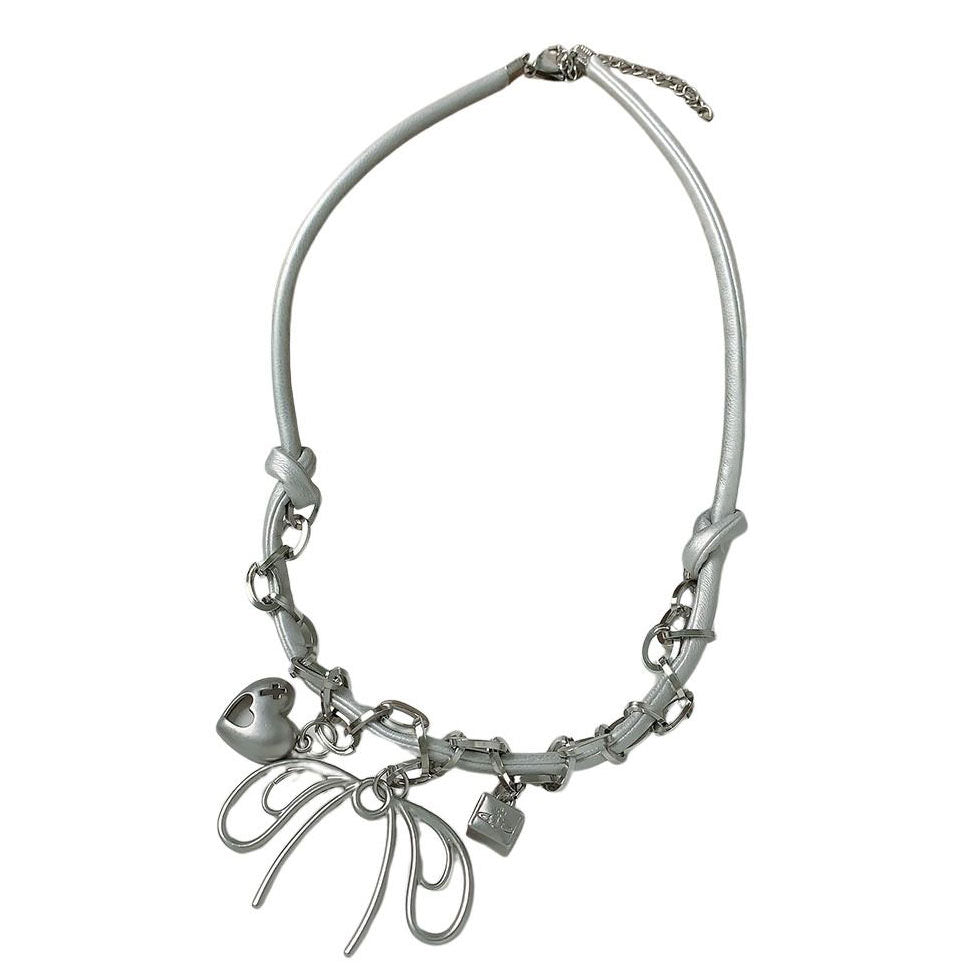 Our Coquette Chunky Necklace features a bold silver chain with bow, heart, and star pendants - boogzel clothing