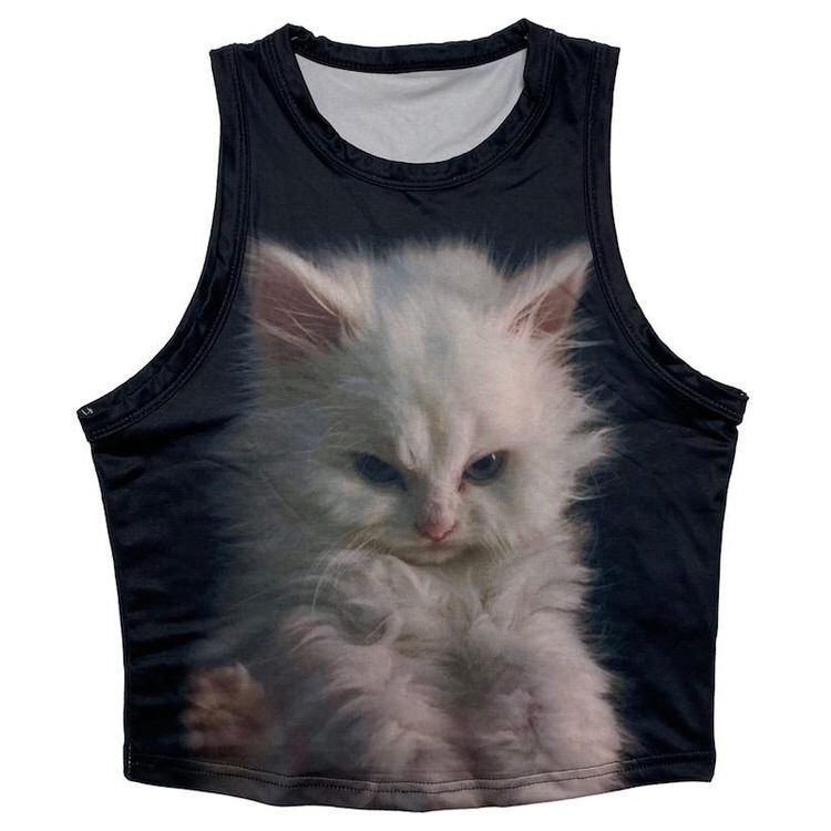 Fluffy Angry Kitten Baby Tee - black t shirt with white angry cat - y2k outfits - boogzel clothing