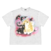 Graphic t-shirt with a dreamy, soft-focus graphic featuring a whimsical cat and abstract pastel designs - boogzel clothing
