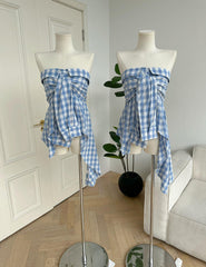 Baby Blue Plaid Off Shoulder Shirt - blue shirt boogzel clothing