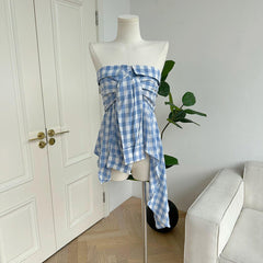 Baby Blue Plaid Off Shoulder Shirt - blue shirt boogzel clothing