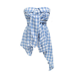 Baby Blue Plaid Off Shoulder Shirt - blue shirt boogzel clothing