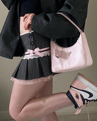 Coquette Pinstripe Micro-Mini Skirt with pink ribbon and bow - boogzel clothing