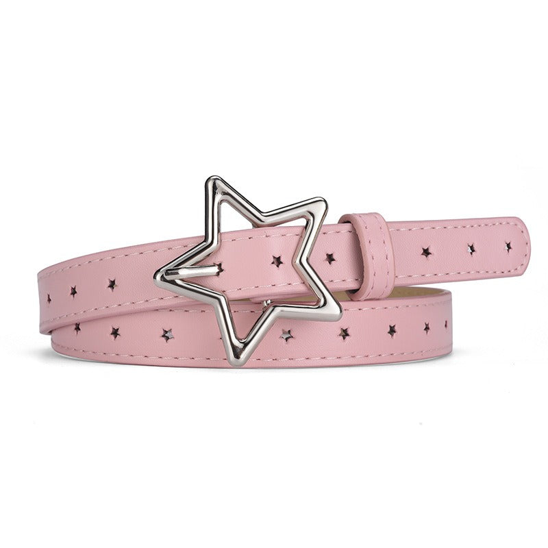 These colorful belts feature a playful star-shaped buckle and are decorated with small, embossed stars throughout. Available in pink, blue, and yellow, each belt is designed to add a whimsical touch to any outfit