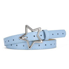 These colorful belts feature a playful star-shaped buckle and are decorated with small, embossed stars throughout. Available in pink, blue, and yellow, each belt is designed to add a whimsical touch to any outfit