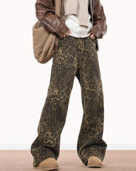 These aesthetic oversized jeans feature a leopard pattern and wide-leg design - boogzel clothing