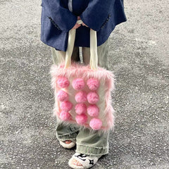 soft girl aesthetic Fluffy Pom Poms Bag in Pink boogzel clothing