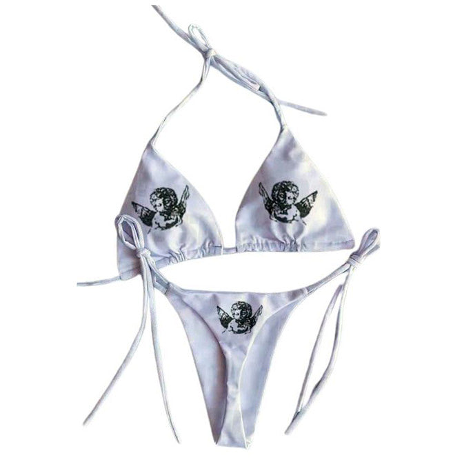 White bikini set featuring Raphael's angels print on a triangle top and low-rise bottoms. Adjustable tie straps ensure a perfect fit and trendy and playful look - Boogzel Clothing