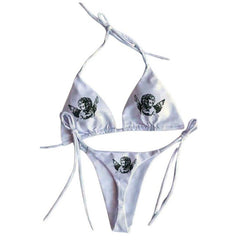 White bikini set featuring Raphael's angels print on a triangle top and low-rise bottoms. Adjustable tie straps ensure a perfect fit and trendy and playful look - Boogzel Clothing