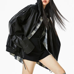 black oversized leather bomber jacket boogzel clothing