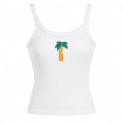 beaded-palm-tree-ribbed-tank-top-white-cotton-sleeveless-summer-top-green-palm-tree-beaded-patch-rib-knit-fitted-cami-aesthetic-womens-top-boogzel-clothing