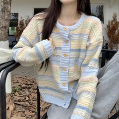 blue and yellow pastel striped cardigan boogzel clothing