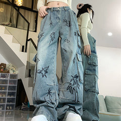 graffiti print blue cargo jeans boogzel clothing