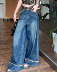 blue frayed hem wide leg jeans boogzel clothing