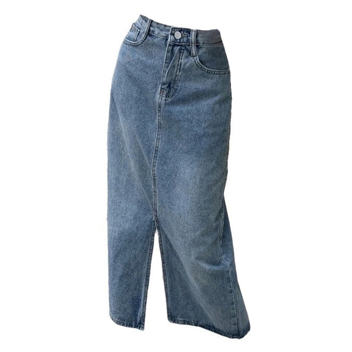 blue split denim skirt boogzel clothing