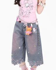 cat print denim shorts boogzel clothing