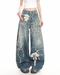 coquette bow chain print jeans boogzel clothing
