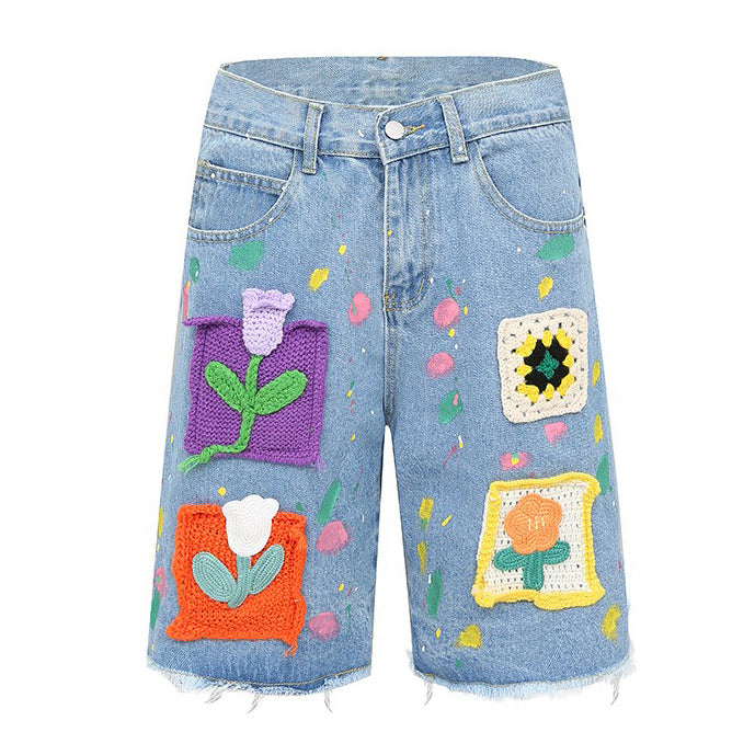 Indie Aesthetic Crochet Flower Denim Shorts - boogzel clothing