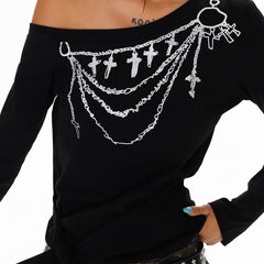 cross chain print one shoulder top boogzel clothing