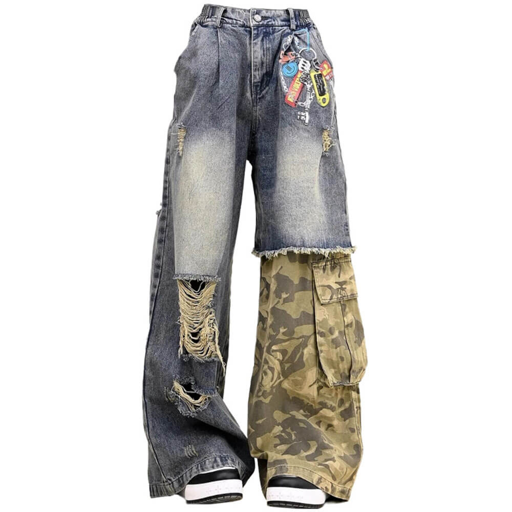 distressed camouflage patchwork jeans boogzel clothing