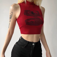 eyes print red crop top boogzel clothing