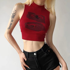 eyes print red crop top boogzel clothing