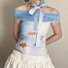 goldfish print off shoulder top boogzel clothing