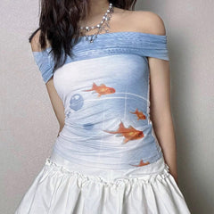 goldfish print off shoulder top boogzel clothing