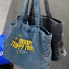 Groovy Trippy Heart Blue Denim Bag boogzel clothing