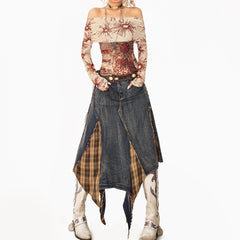 grunge patchwork plaid denim skirt boogzel clothing