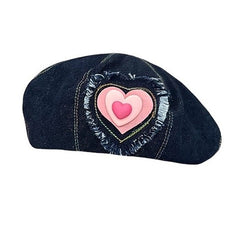 heart patch denim beret hat boogzel clothing