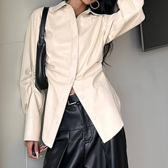 latte cream vegan leather shirt boogzel clothing