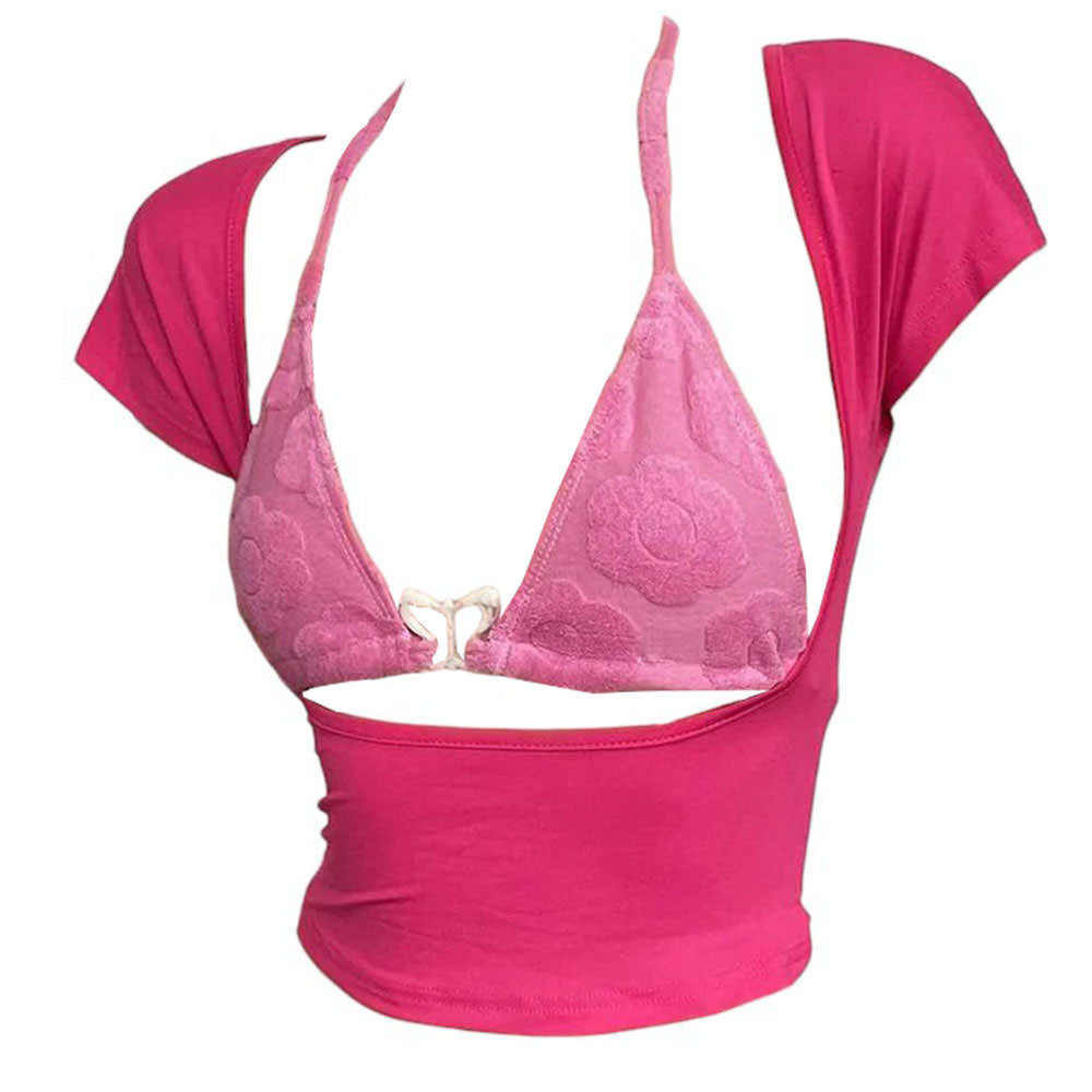 pink crop top with bikini top boogzel clothing