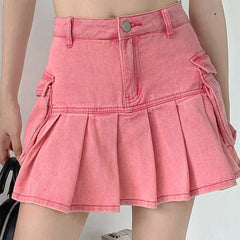 pink denim cargo mini skirt boogzel clothing