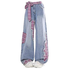 pink plaid patchwork jeans boogzel clothing