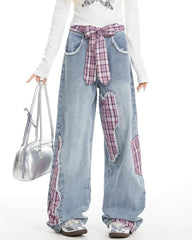 pink plaid patchwork jeans boogzel clothing