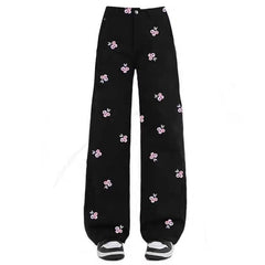 pink rose embroidery wide leg pants boogzel clothing
