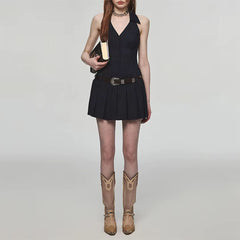 pinstripe halter pleated mini dress boogzel clothing