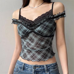 plaid print lace crop top boogzel clothing