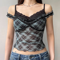 plaid print lace crop top boogzel clothing